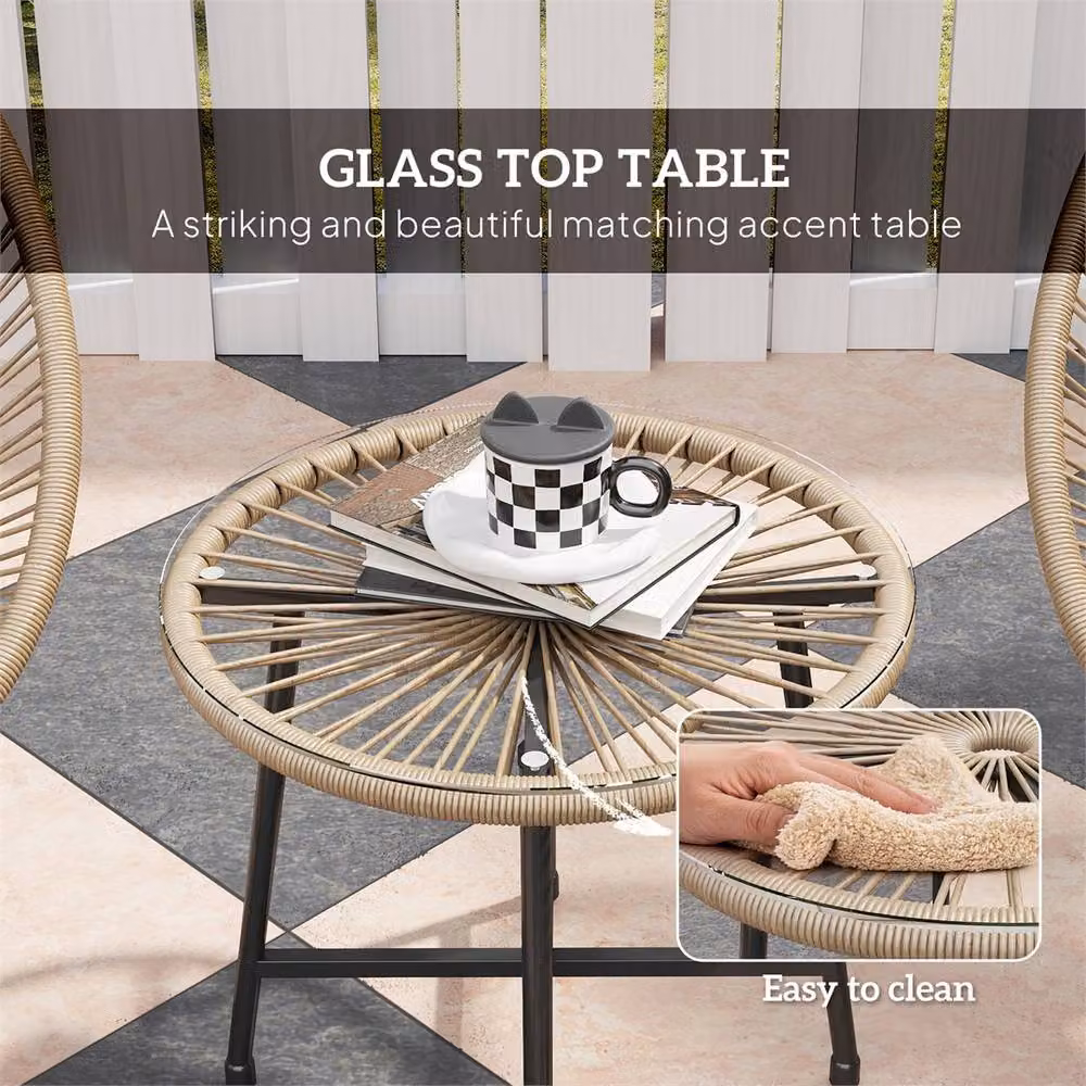 Outsunny Modern 3-Seater Garden and Balcony Bistro Set in Brown and Natural Rattan with Wood and Glass Details – 3