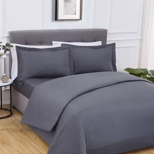 Smart Living Charcoal Sateen Stripe Microfibre Complete Bedding Set, King Size (180 x 200 cm) – 1
