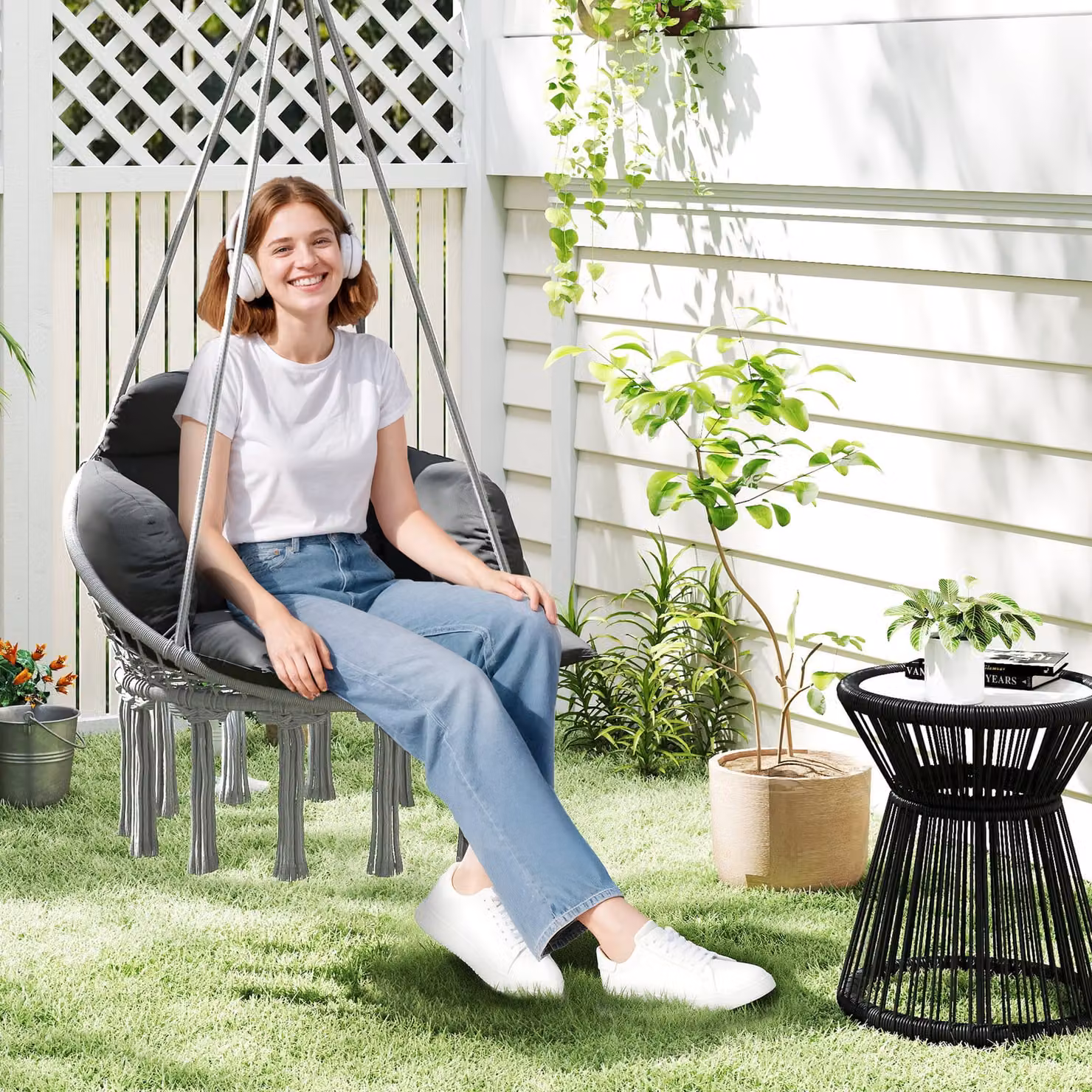 Outsunny Boho Style Hanging Egg Chair with Weatherproof Cushion and Metal Frame, Dark Grey – 2