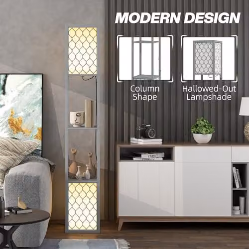 HOMCOM 2-Light Modern Floor Lamp with Shelves in Grey – 4