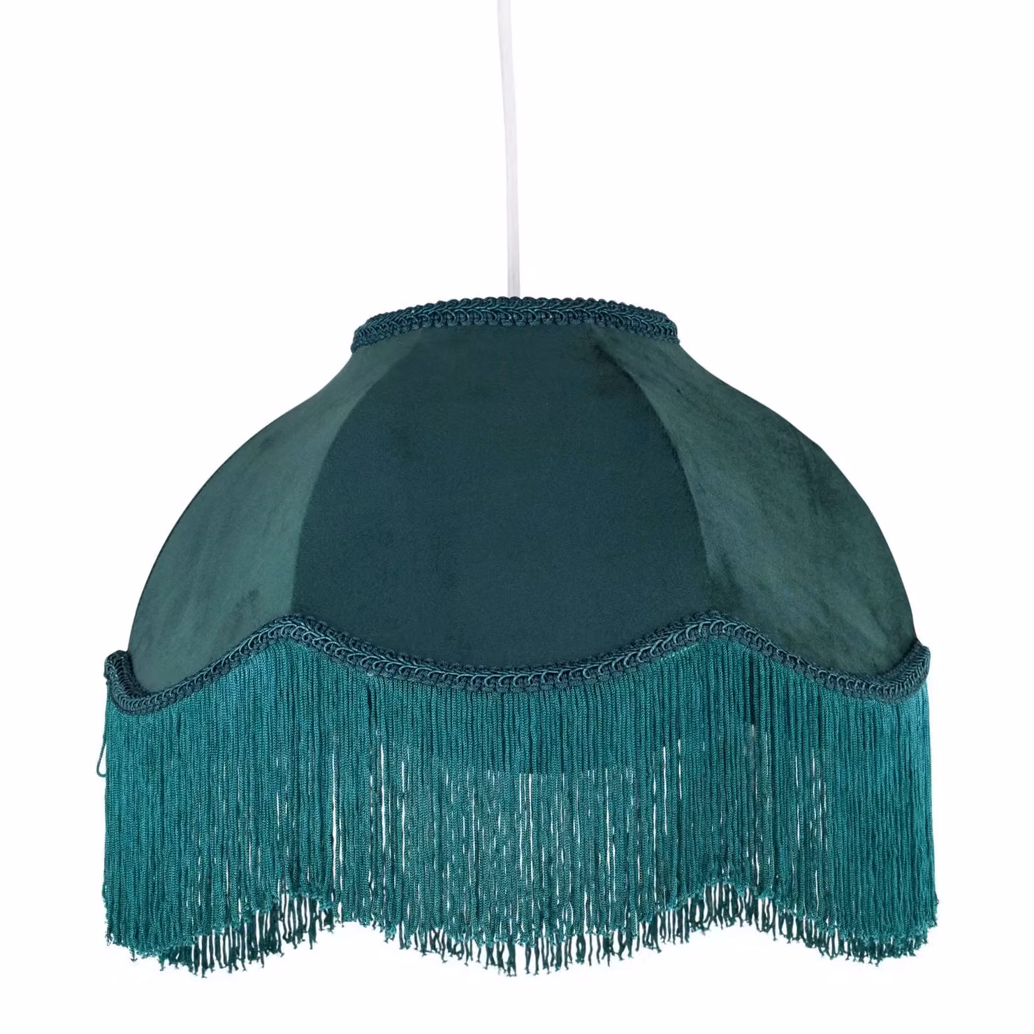 First Choice Lighting Set of 2 Round Vintage Green Velvet Fringed Easy Fit Pendant or Lamp Shades – 2