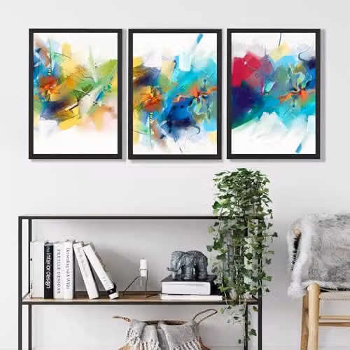 ARTZE Set of 3 Abstract Multicolour Fractal Wall Art with Black Frames, W: 33 cm, H: 45 cm, D: 2 cm