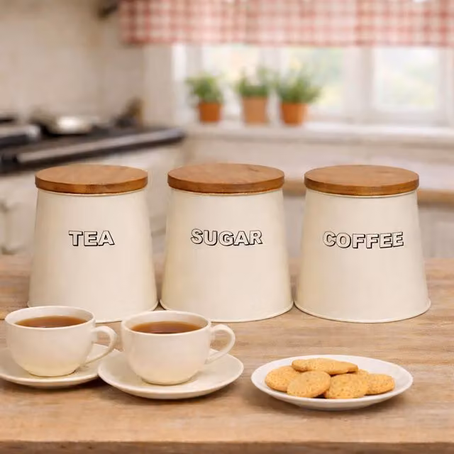 Simpa Tea, Sugar and Coffee Set with Airtight Bamboo Lids in Beige – 1
