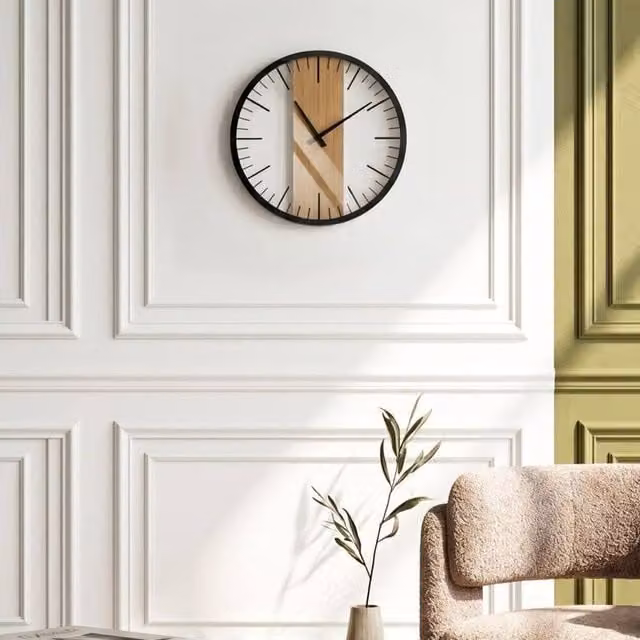 Wyld and Coco Black Maidenhair Wood Veneer Modern Round Silent Analog Wall Clock, Diameter: 38 cm – 1