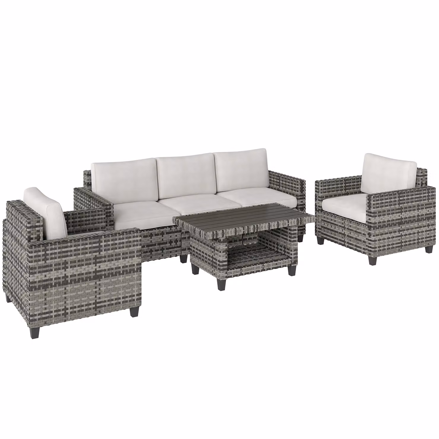 OUTSUNNY 5 Seater Wicker Outdoor Furniture Set with Upholstered Cushions and Coffee Table in Grey – 2