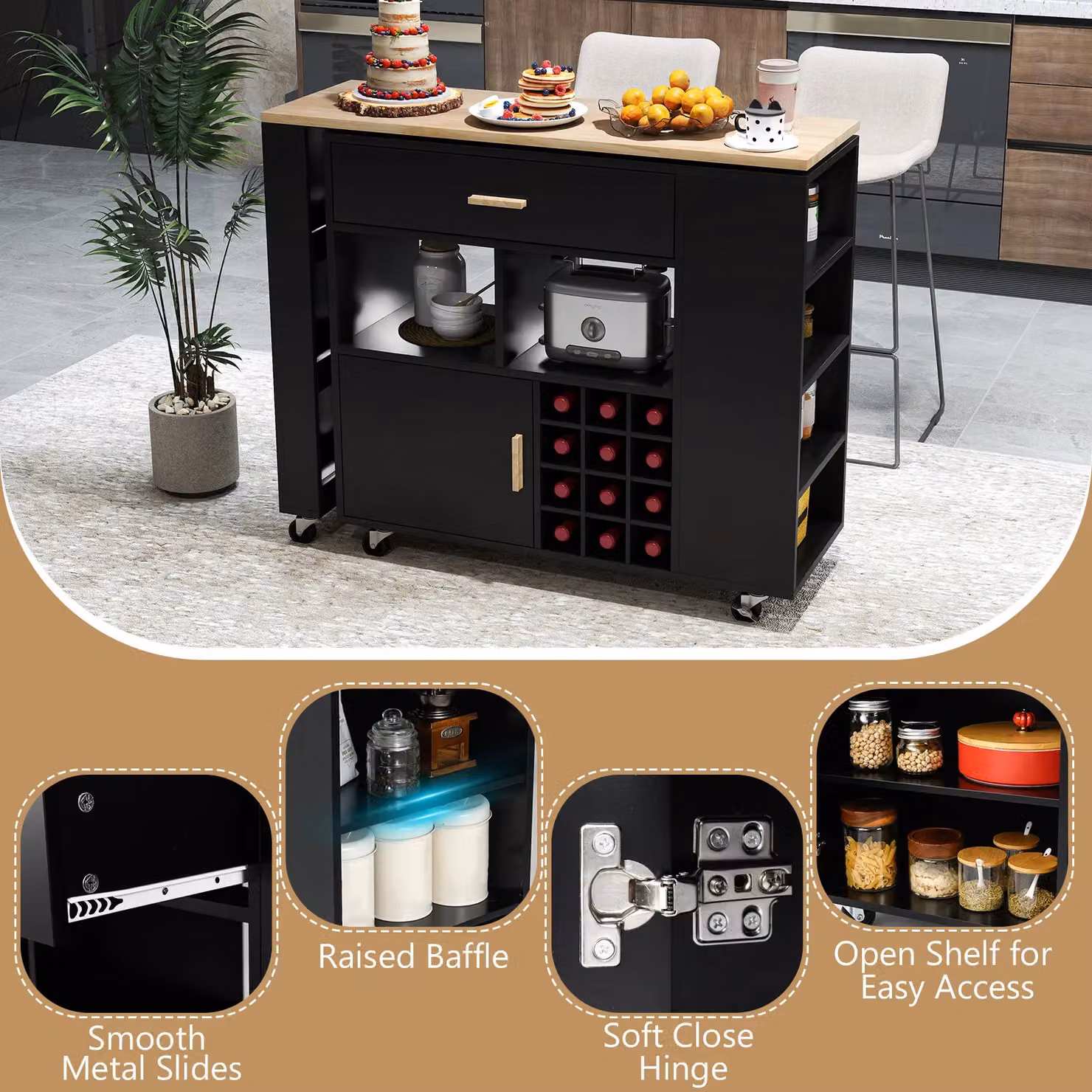 Gymax Kitchen Island Wine Bar Table Combo, Reversible Mobile Serving Cart in Black Rubberwood – 6
