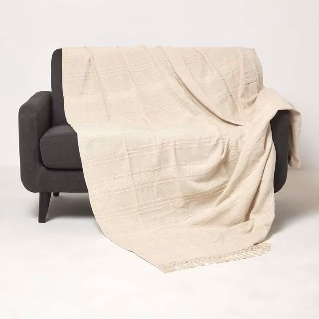 Homescapes Kashi Woven Cotton Throw with Fringes in Sand, Yellow and Beige, 200 cm