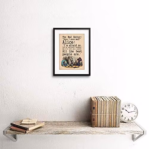 Wee Blue Coo Alice In Wonderland Mad Hatter Tea Party Quote Framed Art Print, Multicolour Vintage Typography Poster with Wood Frame, W/H: 23 x 18 cm – 2