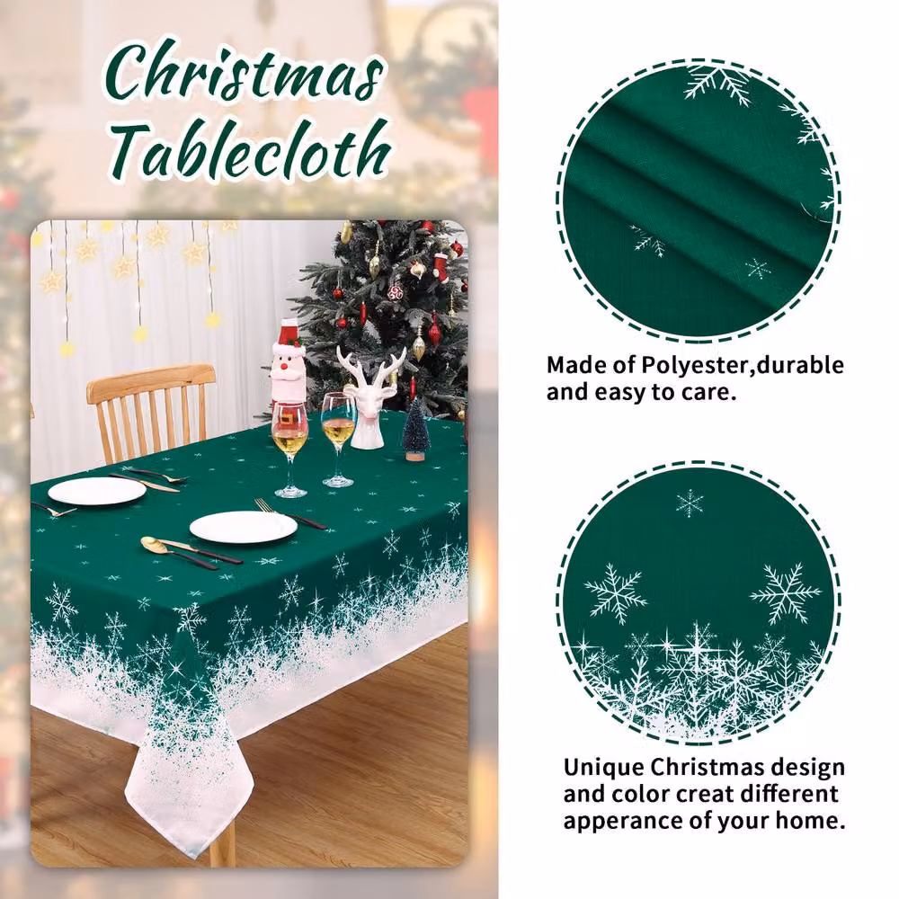 London Boutique Snowflake Christmas Tablecloth, Green and White, W: 137.16 cm, L: 200.66 cm – 3