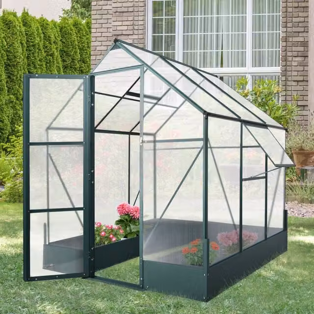 Outsunny Walk-in Greenhouse with Polycarbonate Windows and Aluminium Frame, Green and Transparent, Height: 220 cm
