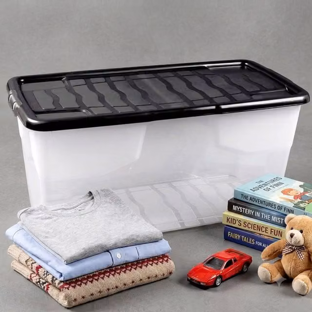 Storm Trading Group Set of 2 Heavy-Duty Stackable Curved Plastic Storage Boxes with Black Lids, 42L, Transparent