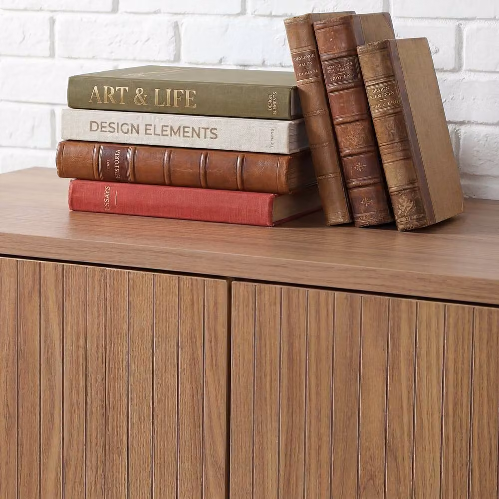 CALICOSY 2-Door Sideboard with 2 Open Niches, Grooved Wood Effect in Light Brown, W: 110 cm, D: 40 cm, H: 72 cm – 5