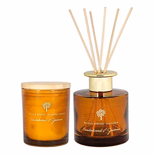 Nicola Spring Sandalwood and Jasmine Scented Candle and Reed Diffuser Set in Orange – 1