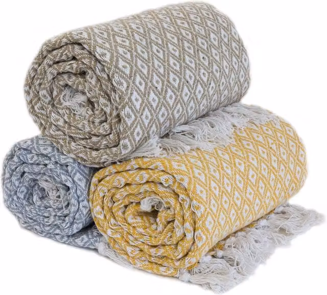 NewEdgeBlinds Woven Cotton Geometric Throw in Beige and Brown, W: 228 cm, D: 254 cm