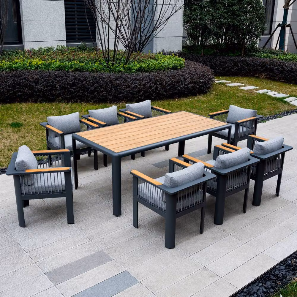 MIMO Grey Aluminum Outdoor Garden Dining Table Set with 8 Teak Armrest Chairs – 6