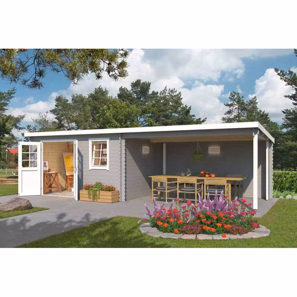 Lasita Maja Ltd Reno Log Cabin Garden Room and Home Office in Natural Wood, W: 313.9 cm, D: 780 cm, H: 210.9 cm