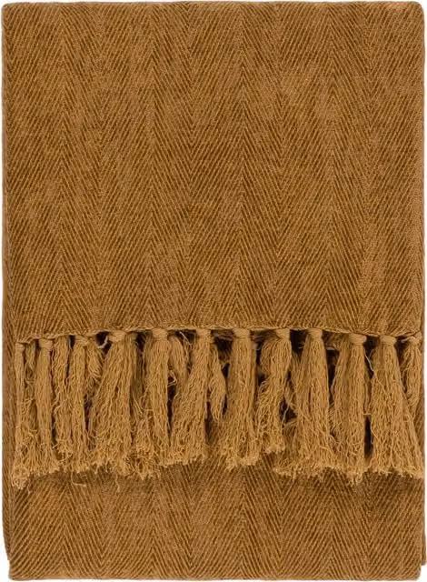 Harri Herringbone Fringed Woven Throw in Yellow and Brown