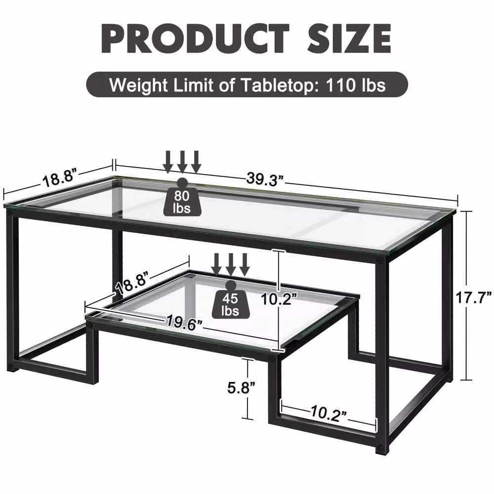 Huhote Modern Rectangular Glass Coffee Table with Black Metal Frame – 2