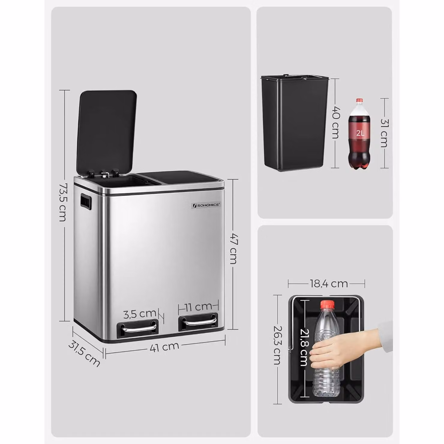 SONGMICS Double Kitchen Bin with Soft Close Pedal and Removable Inner Buckets, Silver Steel – 2