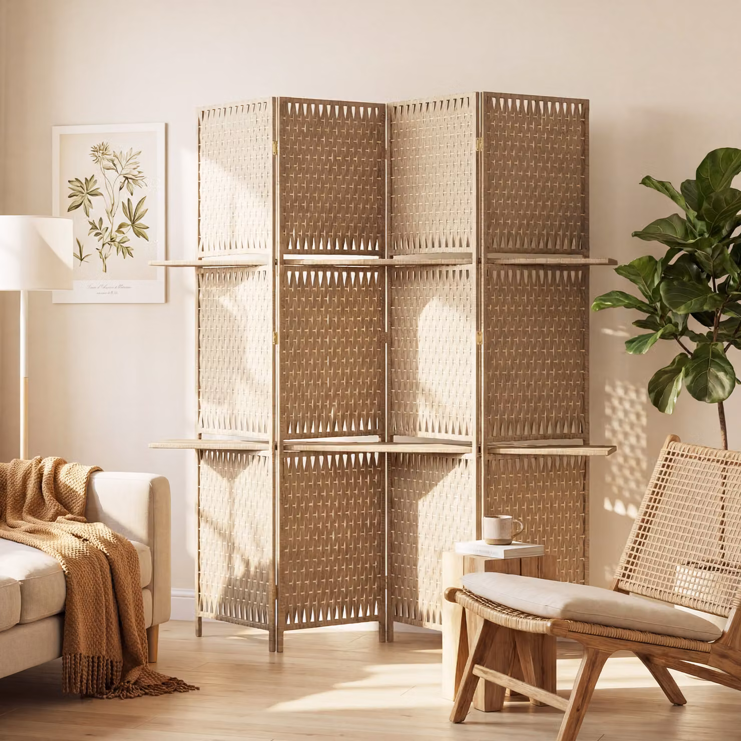 HOMCOM Wave Fibre Freestanding Folding Privacy Screen Room Divider in Brown Wood and Rattan Finish, H 180 cm x W 160 cm – 2