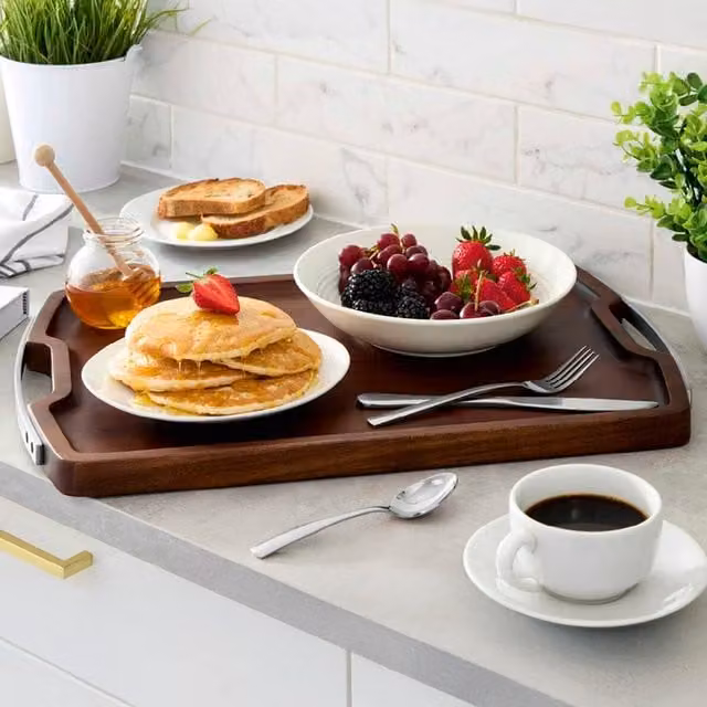 Sur La Table Solid Wood Rectangular Serving Tray with Handles, Brown
