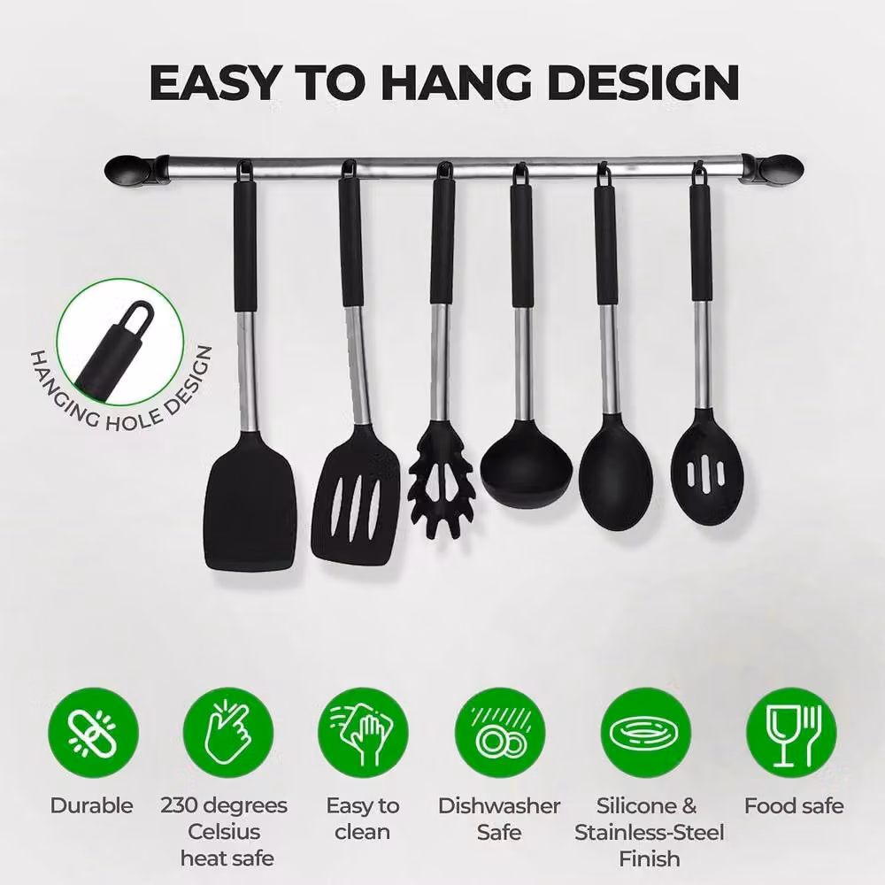 Top 3 8 Piece Black Silicone and Stainless Steel Kitchen Utensil Set with Storage Bucket – 5