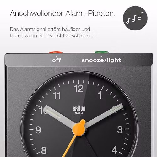 Braun Classic Analogue Travel Alarm Clock with Snooze and Light in Black, Model BC05B – 6