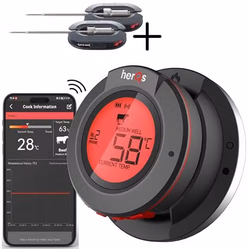 herQs Dome Wireless Digital Meat Thermometer with 2 Stainless Steel Food Temperature Probes and App Connectivity in Black – 2