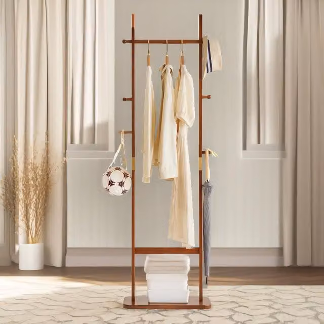 FURNOS Tall Wooden Coat Stand in Brown with 5 Hooks and Rail, Height: 180 cm