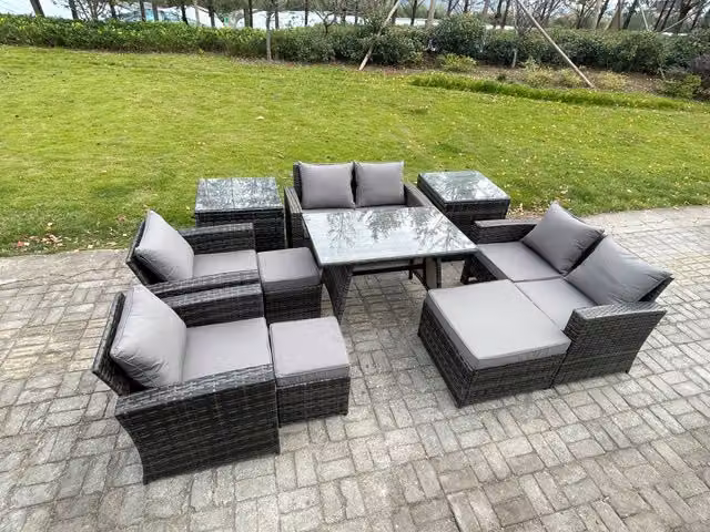 Fimous 10 Piece Wicker Rattan Garden Furniture Set with 3 Footstools in Dark Grey – 1
