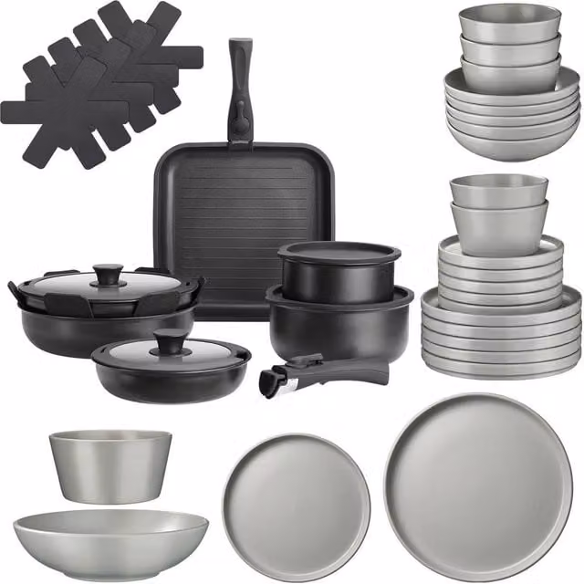 tectake Kitchen Starter Set Una/Parma in Multicolour and Black with Non-Stick Stoneware, Glass and Silicone – 1