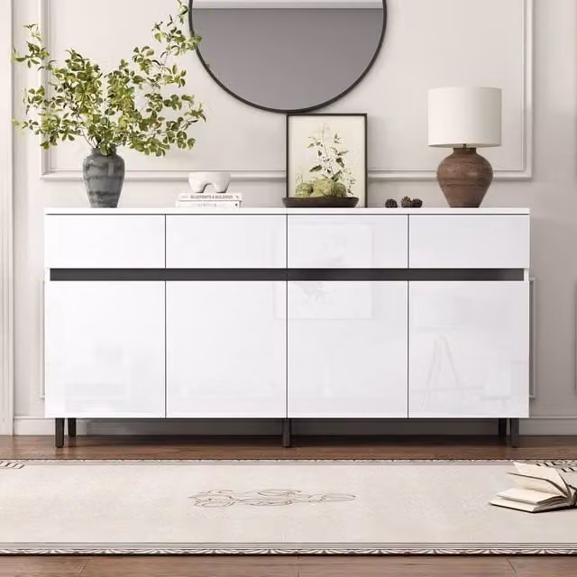 Rolipo White Glossy Highboard Sideboard Cabinet with 4 Doors and Drawers, 160 cm – 1