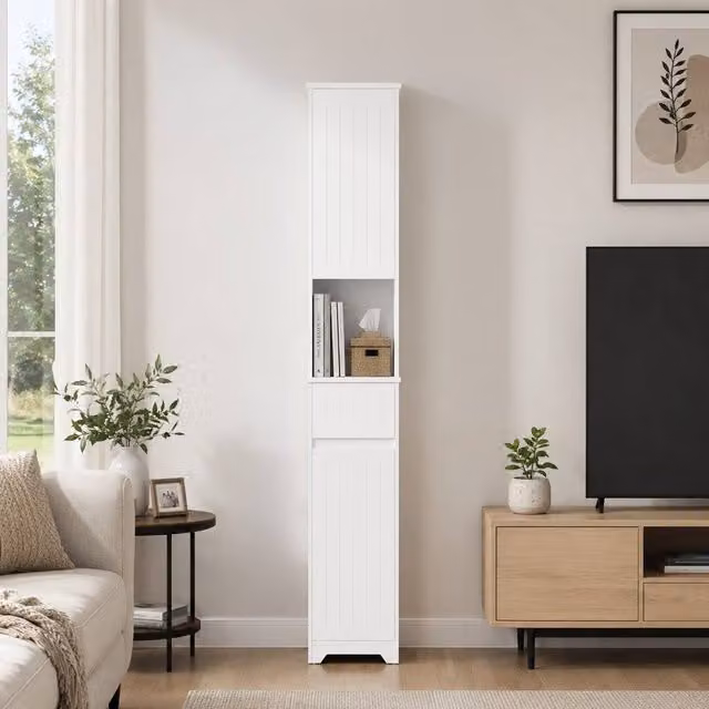 SoBuy Modern White Bathroom Tall Cabinet with Soft-Close Hinged Doors and Internal Shelves and Drawers – 1