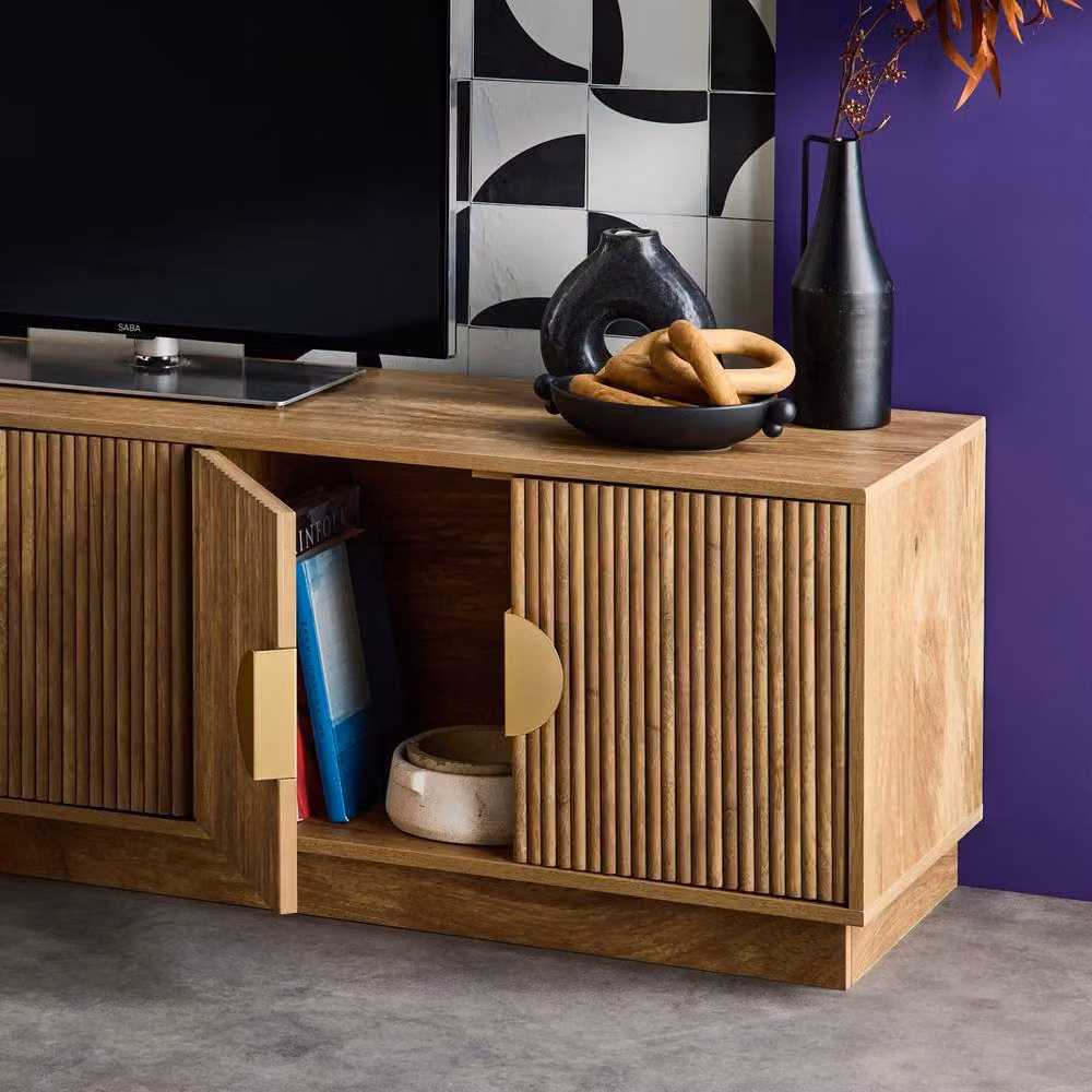 Sweek Exotic Wooden Effect TV Unit in Brown with 4 Doors, W: 140 cm, H: 48 cm, D: 40 cm – 4