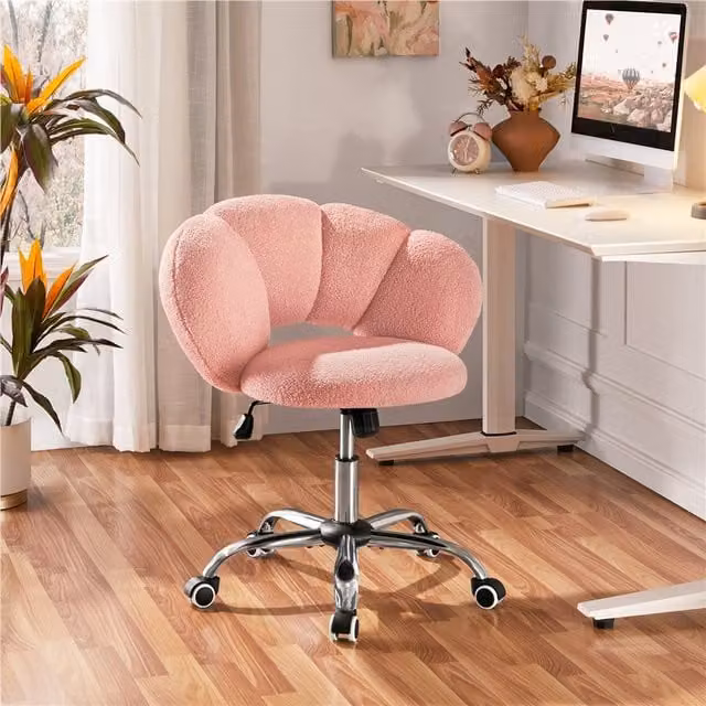 Yaheetech Modern Pink Bouclé Swivel Task Chair for Home Office and Bedroom