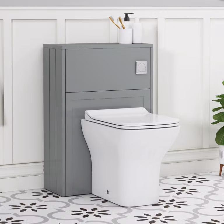 Royal Bathrooms Elmore Matt Pebble Grey Back To Wall WC Unit with Qubix Ceramic Toilet Pan, Slim Soft Close Seat and Cistern, Width: 55 cm