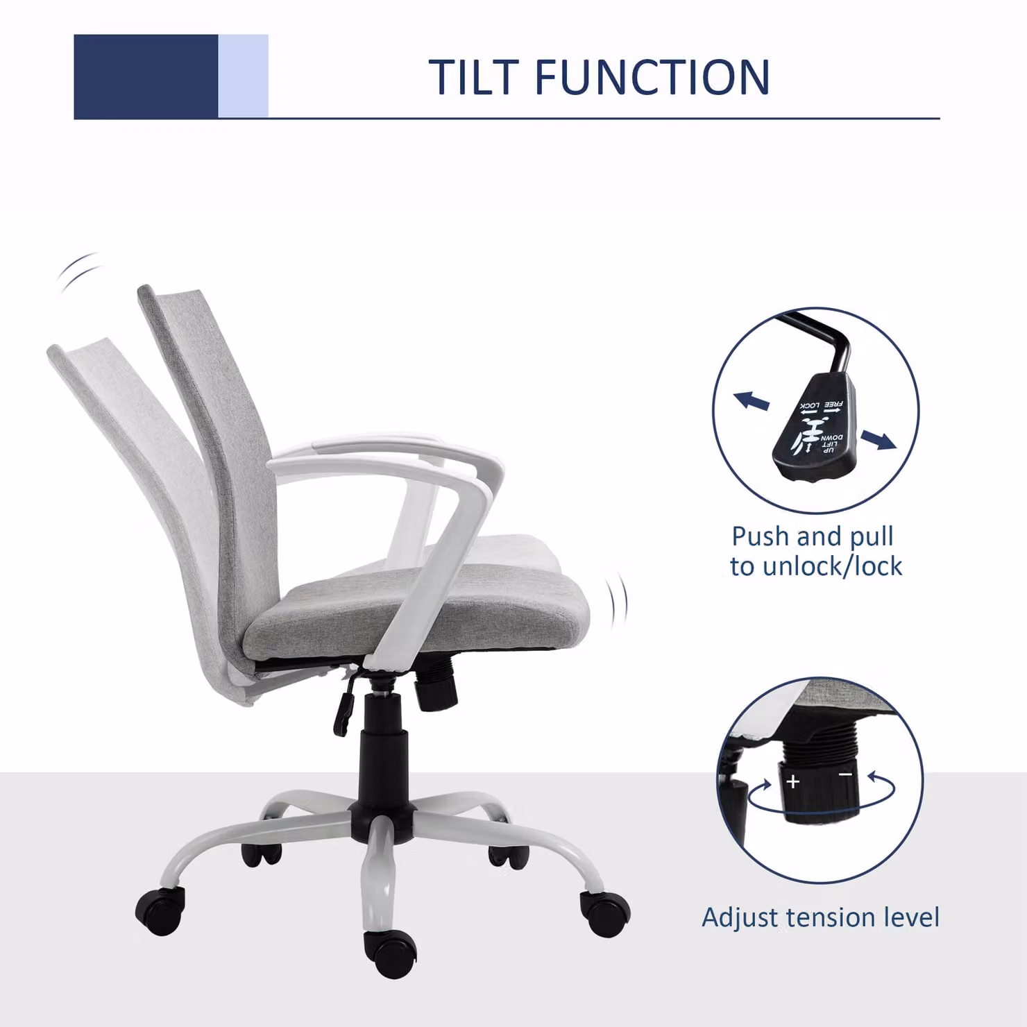 Vinsetto Swivel Office Task Chair with Padded Armrests and Adjustable Height, Light Grey Fabric – 3