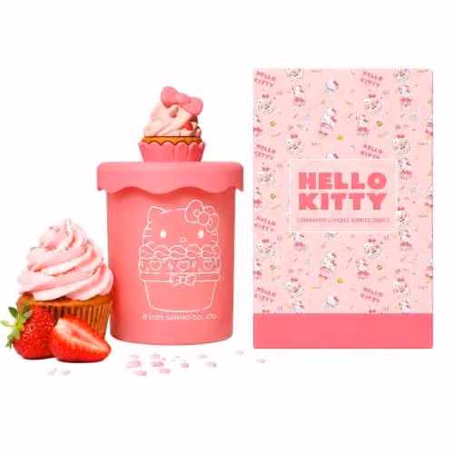 Hello Kitty Bakery Strawberry Cupcake Scented Candle in a Pink Glass Jar, W: 8 cm, H: 8 cm