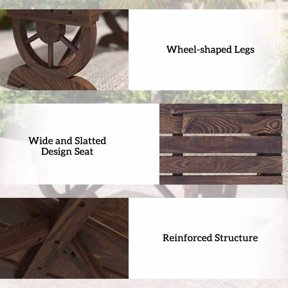 KORVIXA Rustic Wooden Garden Bench with Wheel-Shaped Legs in Brown, W/D/H: 100 x 100 x 100 cm – 2