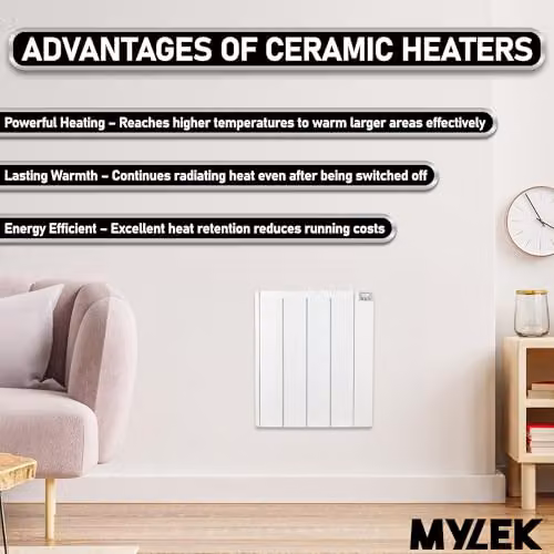 MYLEK Ceramic and Aluminium Electric Panel Heater, 1000W, White, Wall Mounted or Freestanding with Digital Timer and Thermostat – 2