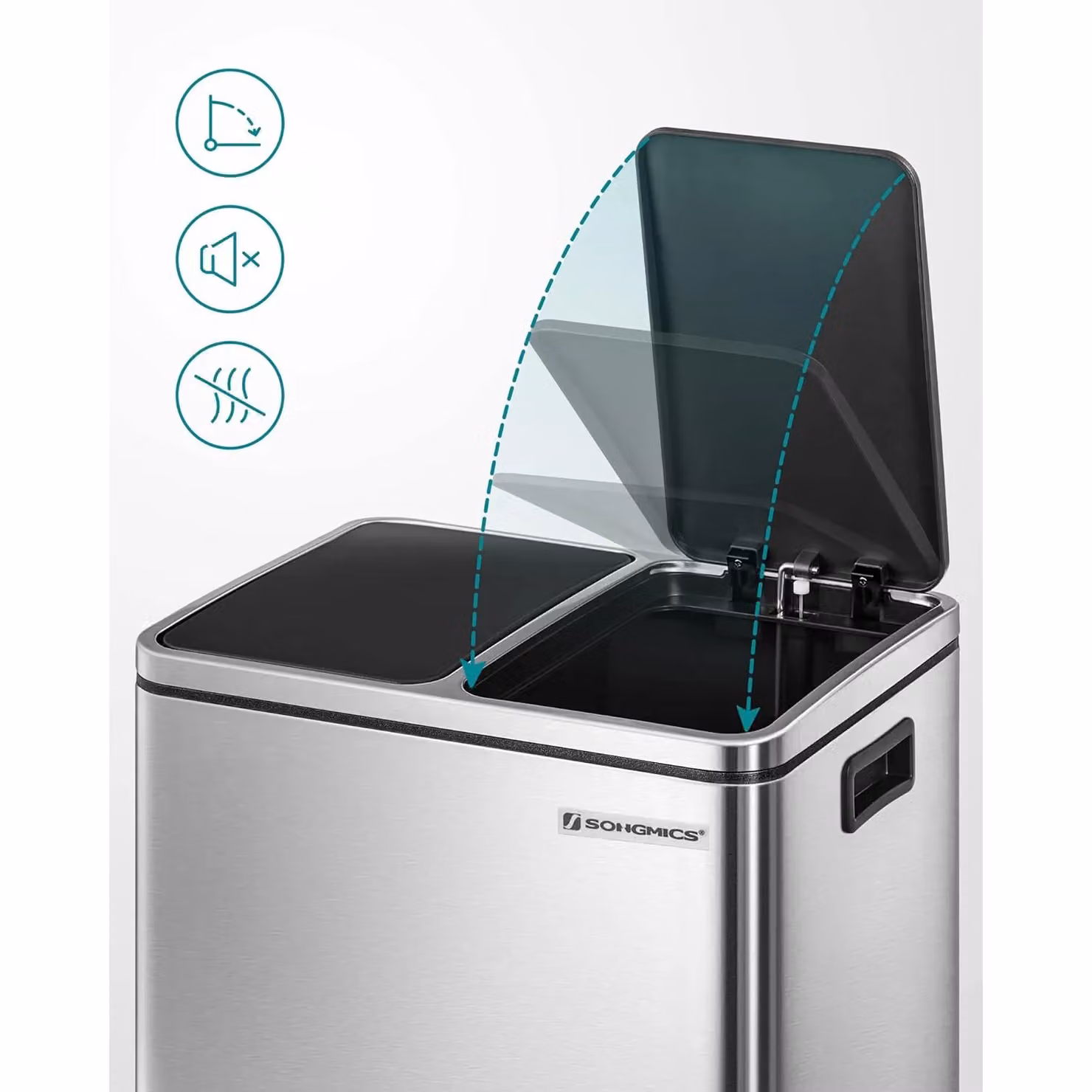 SONGMICS Double Kitchen Bin with Soft Close Pedal and Removable Inner Buckets, Silver Steel – 4
