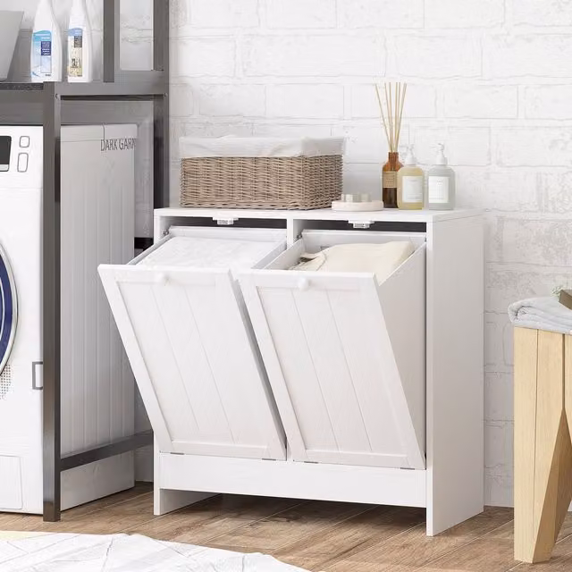 Kleankin White Tilt-out Laundry Storage Cabinet with 2 Compartment Hampers
