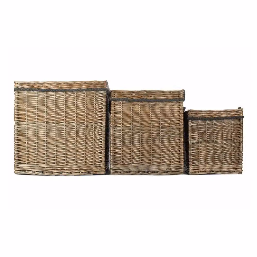 Red Hamper Set of 3 Antique Wash Square Storage Log Baskets in Light Brown and Red with Handles – 2