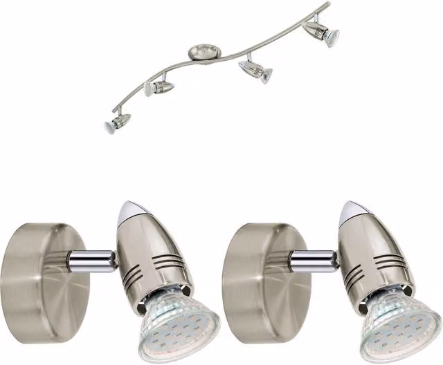 Loops Quad Ceiling Spotlight and 2x Matching Wall Lights in Satin Nickel with Adjustable Heads
