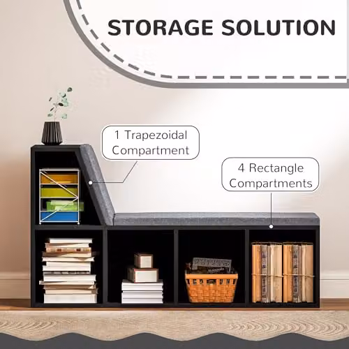 HOMCOM Modern Geometric Black Bookcase Storage Shelf with Cushioned Reading Seat, W/D/H: 108 x 30 x 60 cm – 5