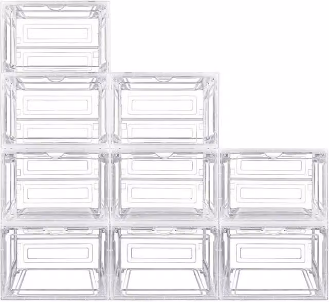 FORGEVIO 9 Piece Stackable Hard Plastic Shoe Box Storage Cases with Lids in Transparent