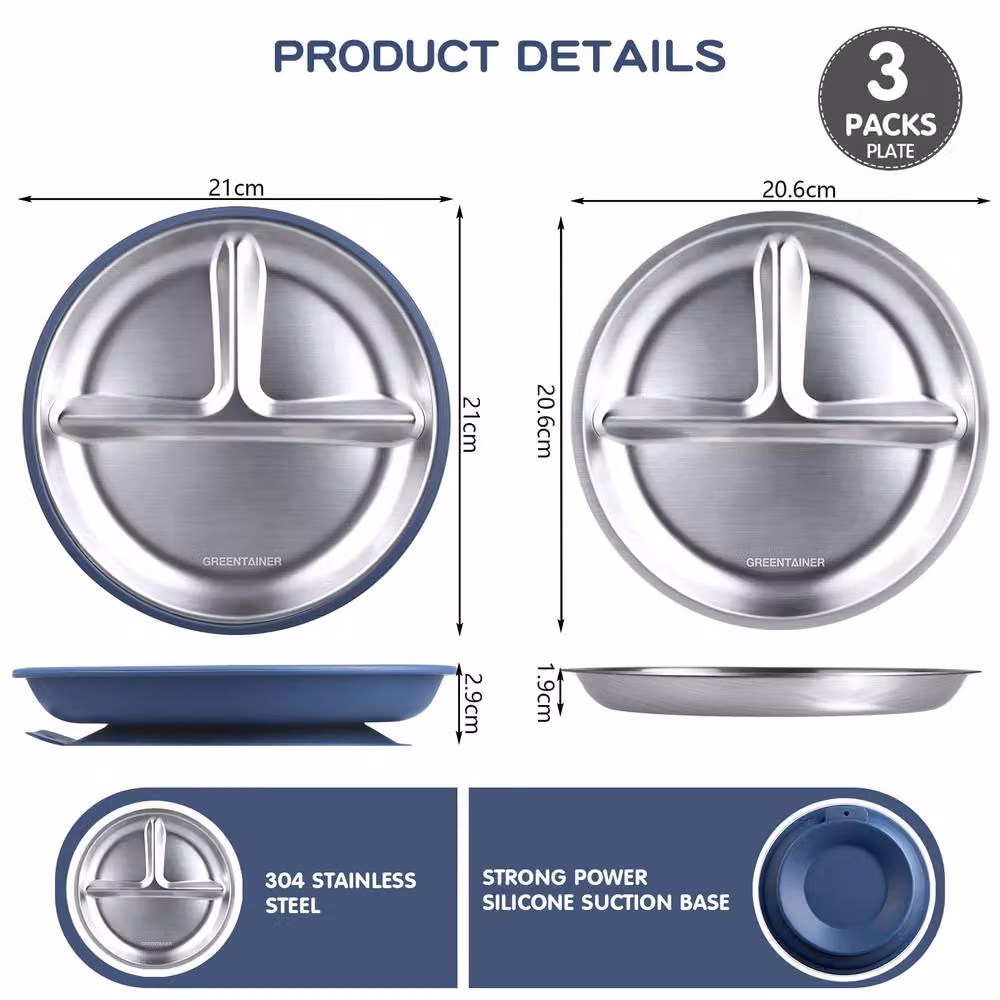 Greentainer 3-Piece Blue Stainless Steel Divided Plate Set with Silicone Suction Base – 3