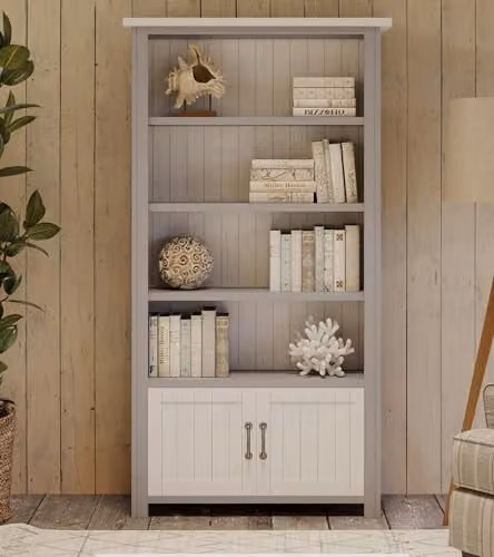 Baumhaus Greystone Large Open Bookcase with Doors in Grey, Beige or White, H 180 x W 56 x D 30 cm – 2