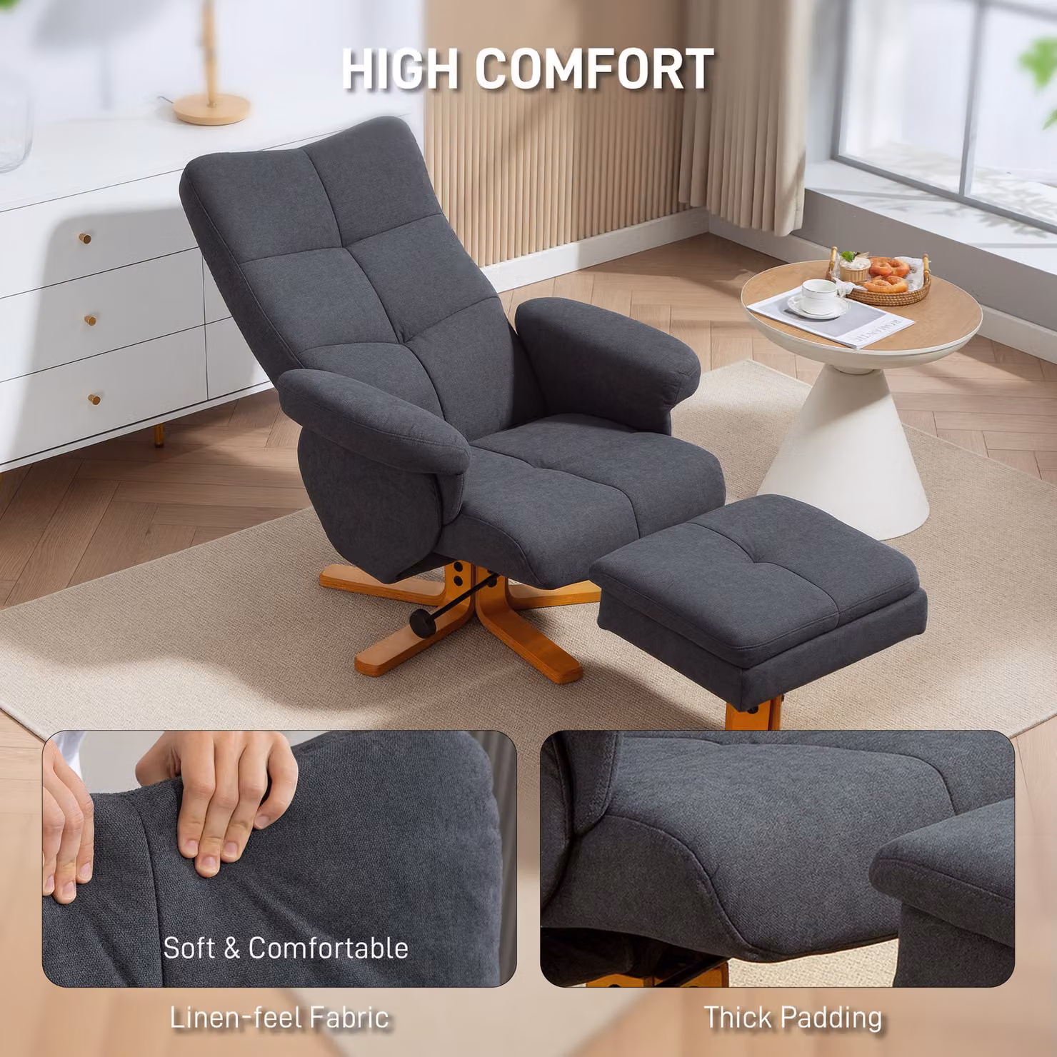 HOMCOM Grey Linen-Look Recliner with Storage Ottoman and Armrests – 6