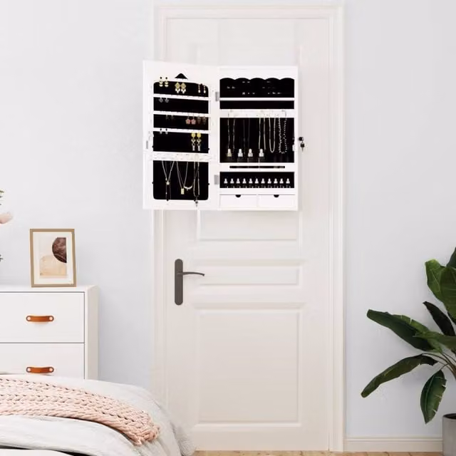 Berkfield Home Wall Mounted Mirror Jewellery Cabinet in White, W/D/H: 37.5 x 10 x 67 cm